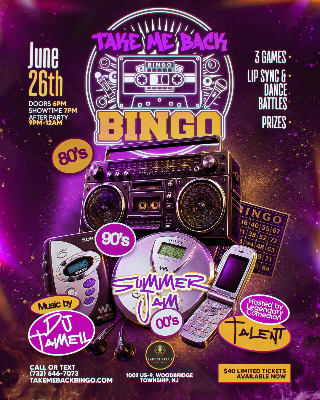 Take Me Back Bingo Summer Jam flyer · Friday June 26 at Lake Chateau Banquets